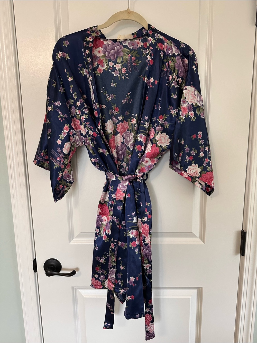 Navy Floral Satin Kimono Robe with Tie Belt